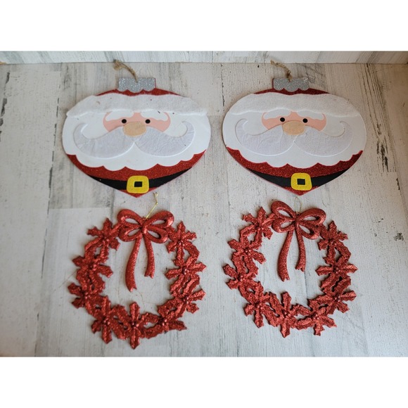 Red Santa Claus light bulb wreath sign hanging Xmas home decor set - Picture 1 of 10